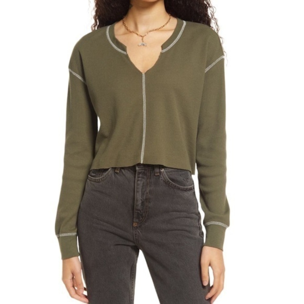 BP. Olive Split Neck Cropped Knit Thermal Top